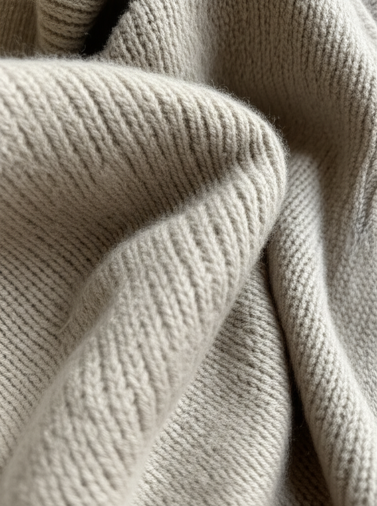 An artistic close-up of a bespoke, high-quality cashmere sweater, representing quiet luxury.