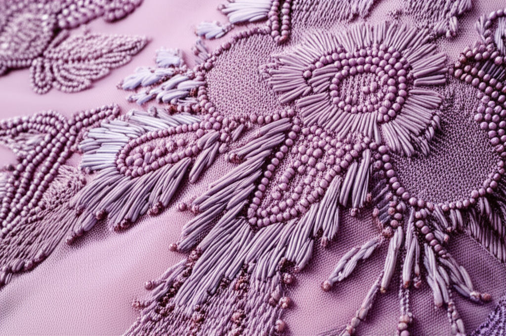 Detailed shot of luxurious couture fabric with intricate texture.
