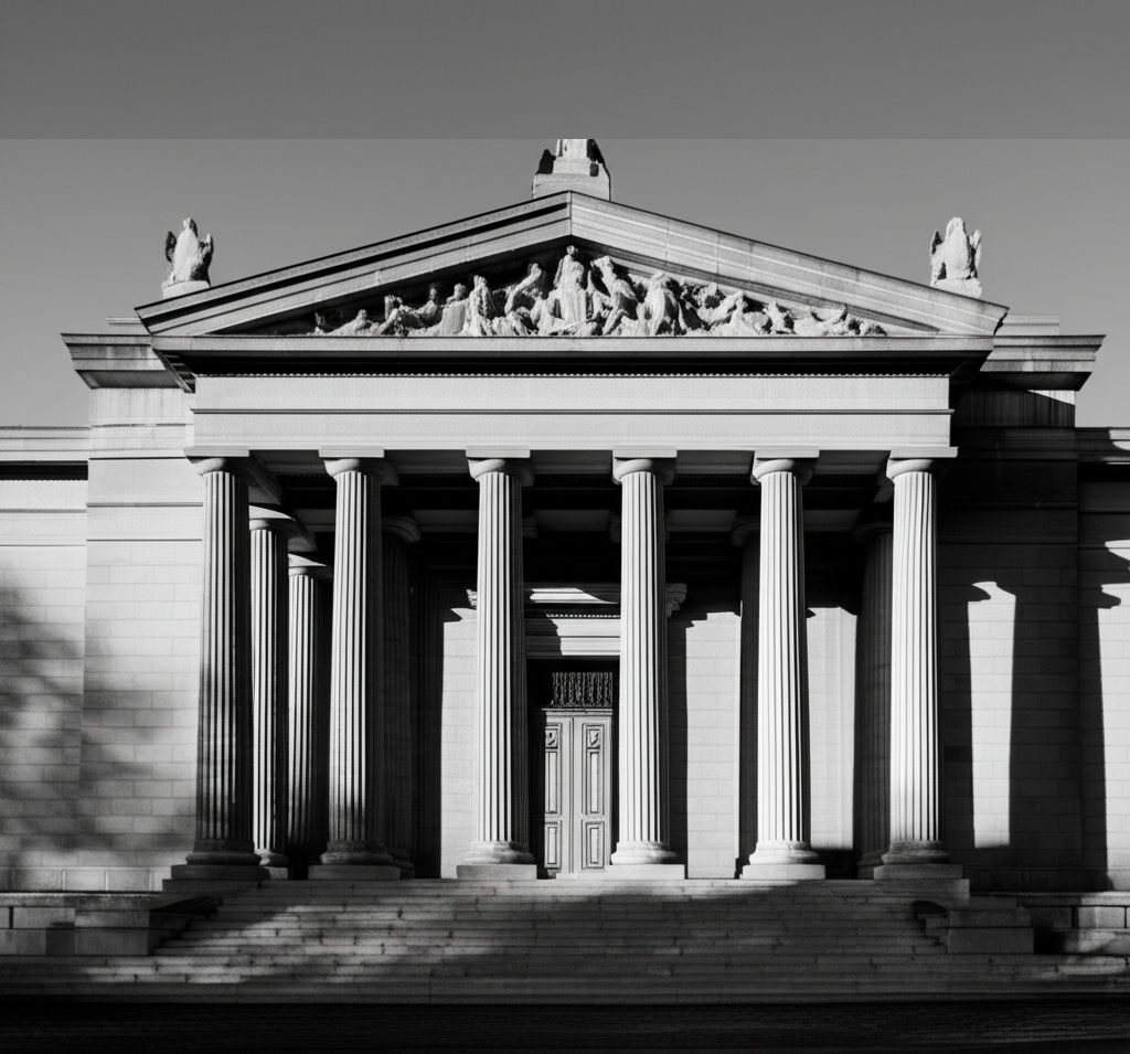 Monochrome photo of the classical facade of a grand museum.