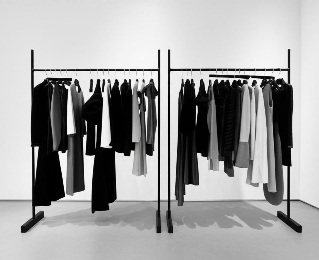 High-fashion clothing on minimalist racks.