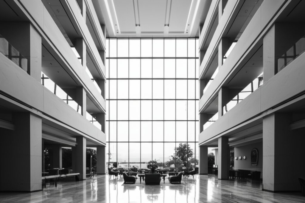 A grand, minimalist luxury hotel lobby.