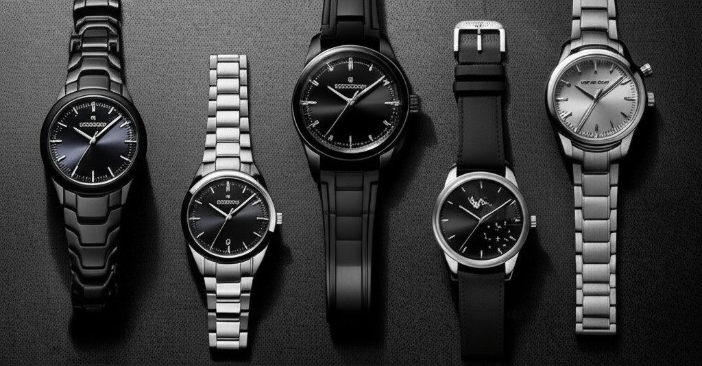 An elegant collection of monochrome luxury watches.