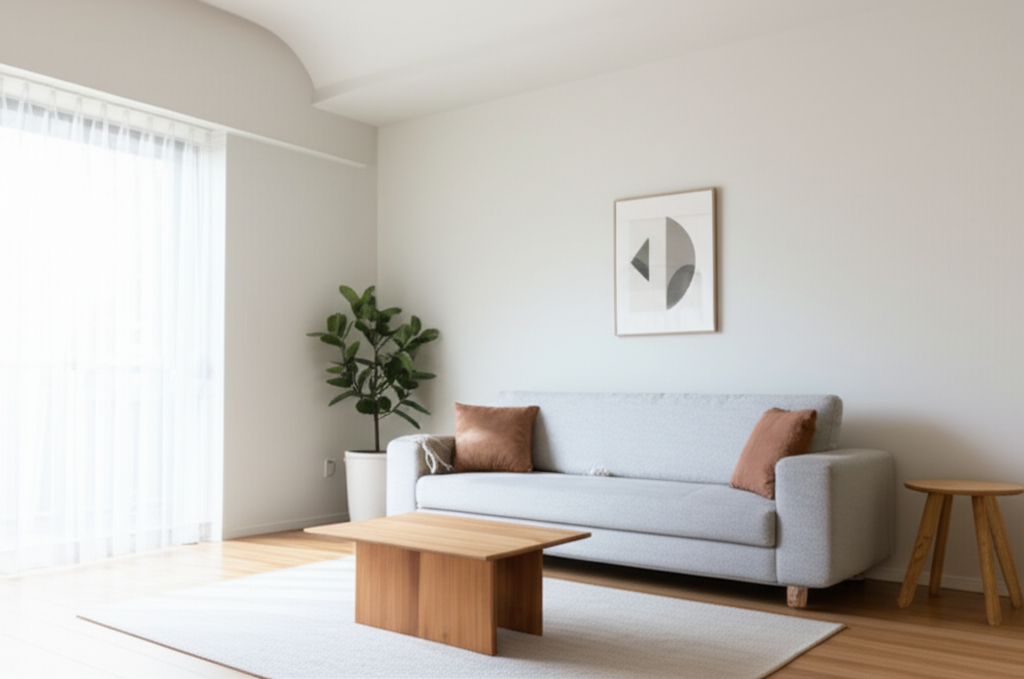 A minimalist, high-end interior with clean lines and muted tones.