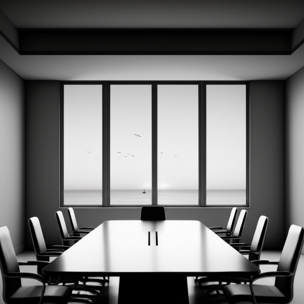A minimalist, monochrome image of a collaborative workspace
