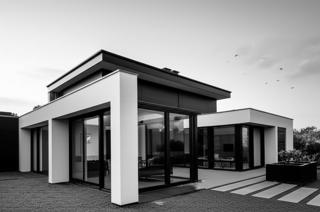 The striking monochrome exterior of a modern luxury villa.