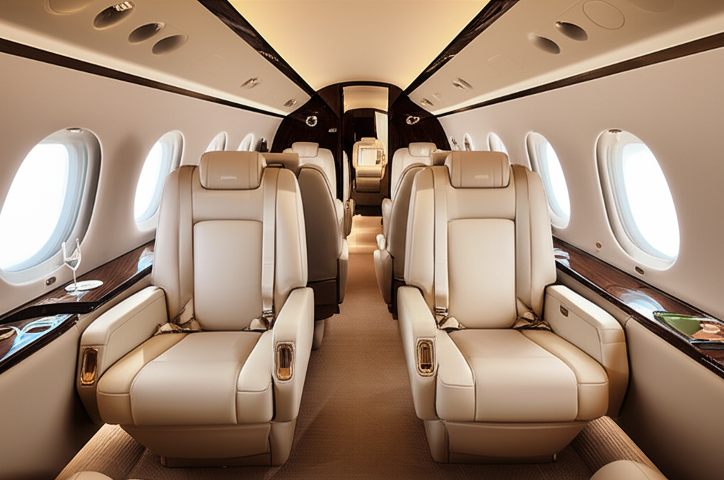 The luxurious and discreet interior of a private jet.