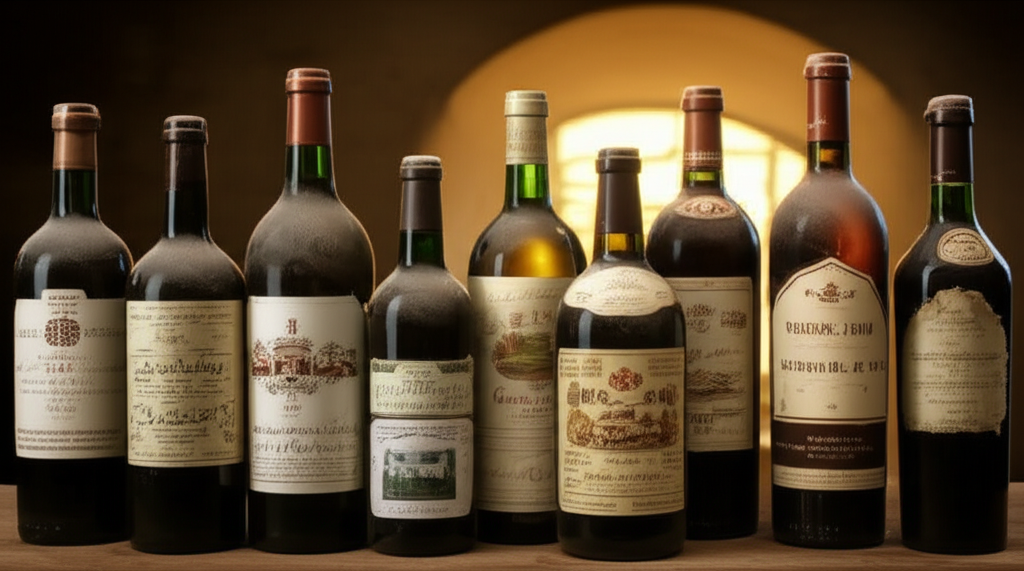 A collection of rare, vintage wine bottles in a cellar.