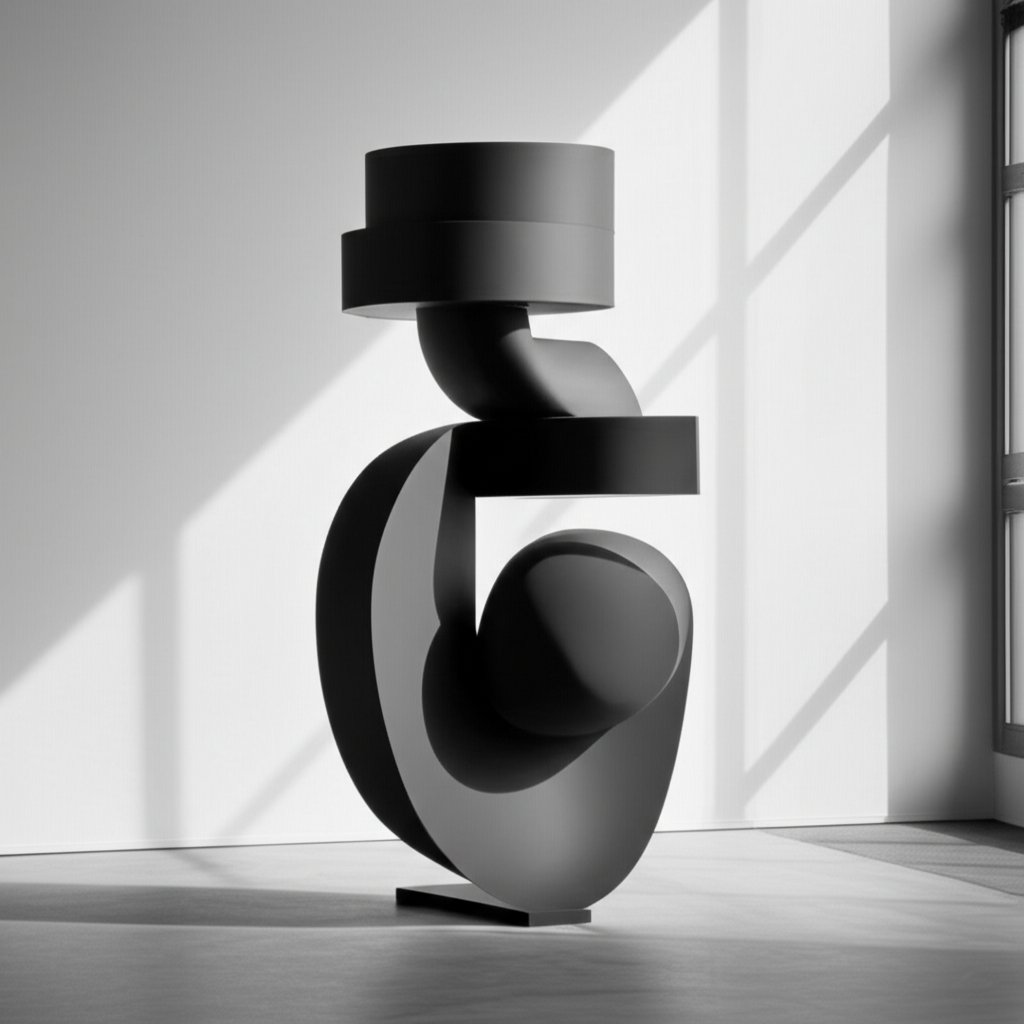 A modern sculpture displayed in a minimalist art gallery setting.