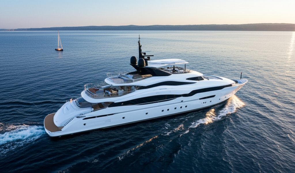 A sleek, modern superyacht cruising on calm waters.